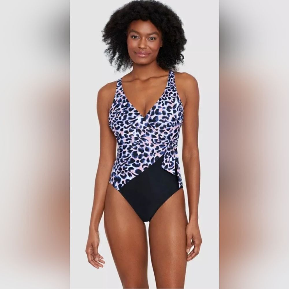 Freely faux wrap, sash, one piece swimsuit NWT size small leopard pink and black